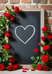 Romantic Heart on Chalkboard with Red Roses for Valentines Day.