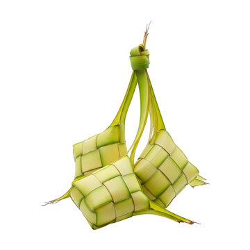 A close up shot of three ketupat hanging together against a plain black studio style background image on transparent background