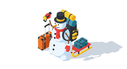 Obraz premium Isometric snowman traveler with luggage, backpack, and sled adventure