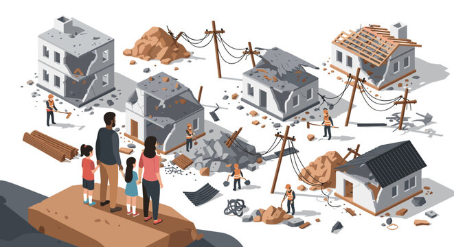 Family observing repair efforts in post-disaster area with construction workers