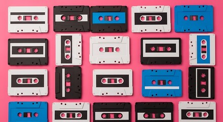 Collection of Vintage Audio Cassette Tapes on Pink Background.