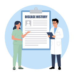 Medical staff discussing a patients disease history record on a clipboard