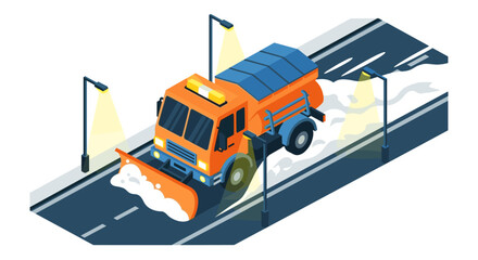 Fototapeta premium Isometric snowplow truck clearing snow on urban street at night with streetlights