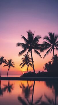 Tropical Sunset Paradise: Palm Trees Silhouetted Against Vibrant Sky & Water Reflection