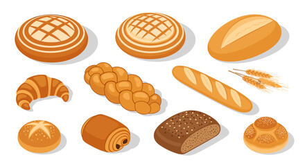 Variety of isometric bread types including croissant, baguette, and rye loaf on white background