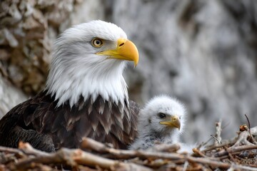 Obraz premium Bald eagle parent protecting an eaglet in nest