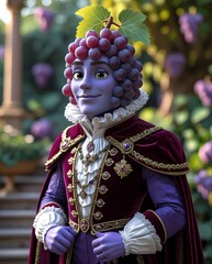 Obraz premium Elegant Grape Cartoon Portrait – Royal Aristocrat Fruit Character in Garden