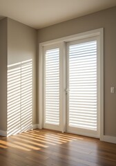Obraz premium Sunlight streaming through white plantation shutters on French doors.
