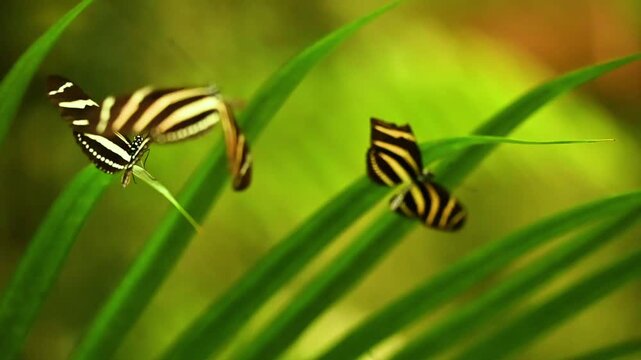 Slow motion video of Zebra Longwing butterfly Heliconius charithonia with black wings and bright yellow stripes, native to the Americas. Elegant and slender, often seen fluttering among tropical