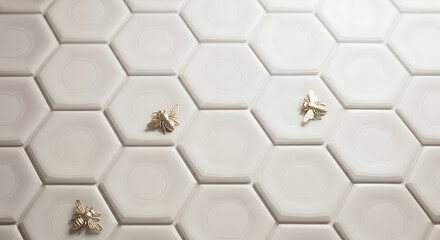 Luxury Hexagon Tile Background with Gold Bee Ornaments, Minimalist and Elegant Home Decor