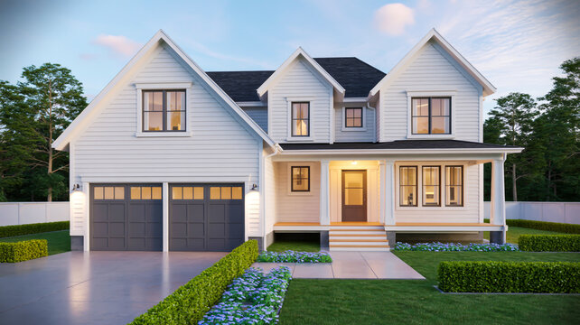 A serene coastal landscape photograph featuring a large gathering of black cormorants and seagulls on rocky outcrops along a misty coastlinA 3 two-storywhitesiding and dark gray trim .