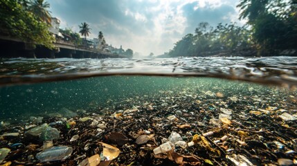 Split level view of polluted river with debris and foliage, above and below water
