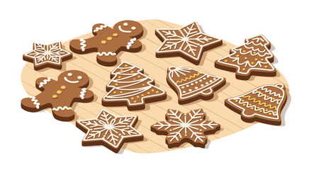 Assorted gingerbread cookies with icing on wooden background