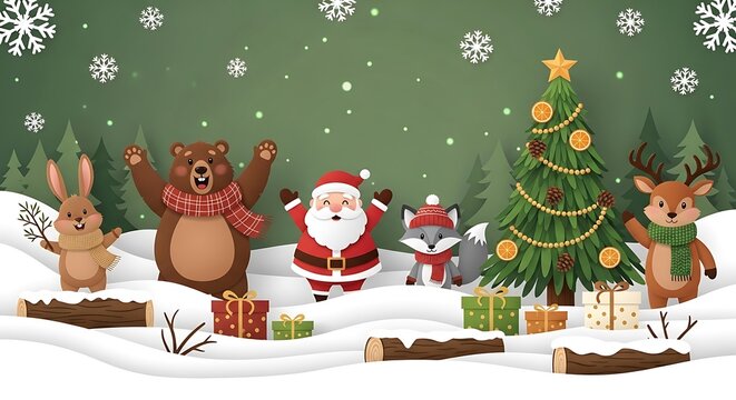 Christmas scene with cute animals and gifts in snow. - Powered by Adobe
