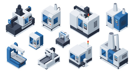 Isometric factory machines and equipment set for manufacturing concept