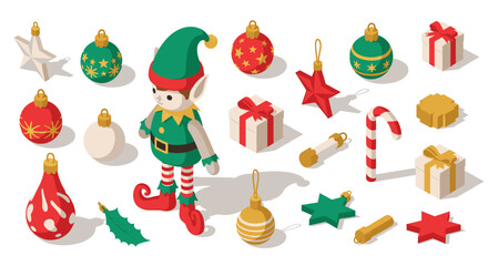 Naklejka premium Festive christmas elements with elf and holiday decorations in isometric style