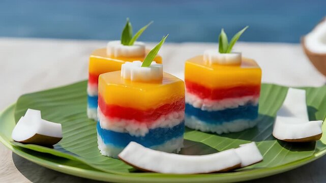 Vibrant Layered Coconut Desserts on Banana Leaf: Tropical Sweet Treats