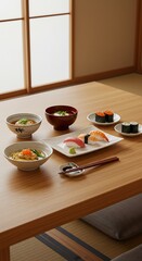 Traditional Japanese Meal with Sushi and Soup on a Wooden Table.