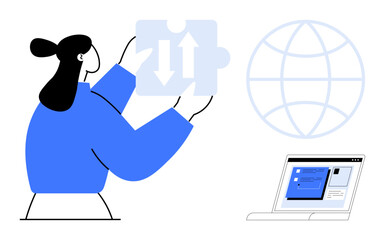 Woman lifts a puzzle piece with opposite arrows near a laptop and a globe outline. Ideal for teamwork, globalization, problem-solving, decision-making, communication, technology, innovation. Simple