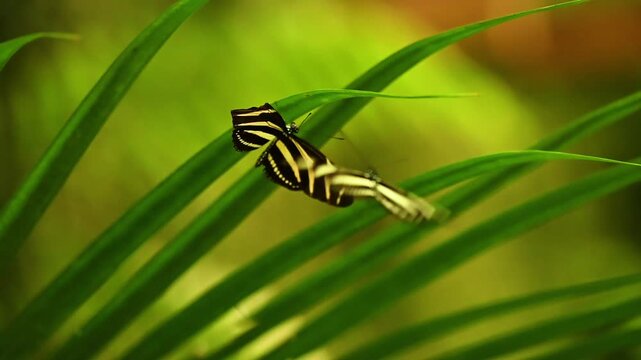 Slow motion video of Zebra Longwing butterfly Heliconius charithonia with black wings and bright yellow stripes, native to the Americas. Elegant and slender, often seen fluttering among tropical