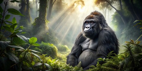 Obraz premium Majestic West African Mountain Gorilla in Misty Jungle Habitat