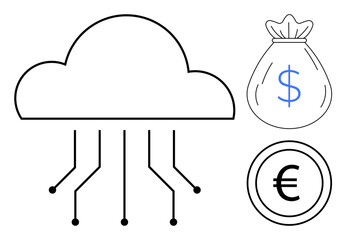 Cloud connected by circuits indicating digital connectivity, money bag with dollar sign, and euro coin. Ideal for finance, technology, innovation, online transactions, economy, cloud solutions