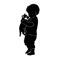 Child holding puppy silhouette black and white