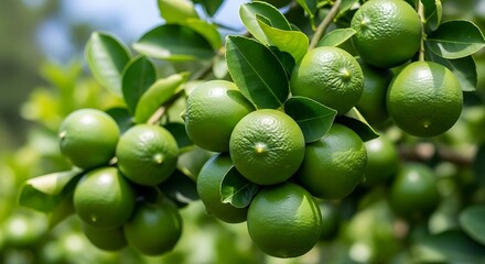 Lush Green Limes Hanging from a Tree Branch in a Vibrant Orchard.