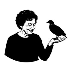 Elderly woman holding a bird hand black and white