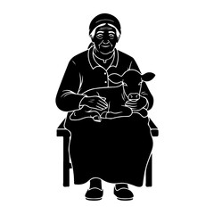 Elderly woman holding a calf farm animal sitting