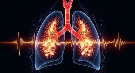 Human Lungs with Energy Waves and Heartbeat Rhythm.