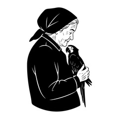Elderly woman holding a parrot bird black and white