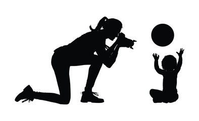 Woman photographer holding camera taking pictures of his baby son black silhouette vector illustration.