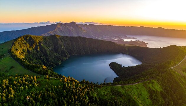 Aerial shot of volcanic crater lake and adjacent ocean at sunrise, with green hills, and golden light