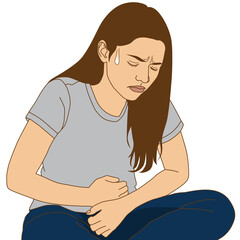 Long hair woman sitting sweat was dysmenorrhea stomachache, illustration cartoon on white background