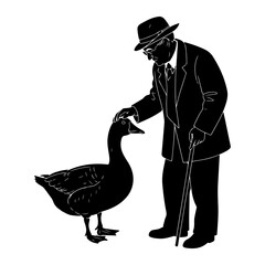 Gentleman petting goose interaction black and white