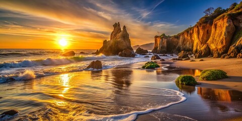 Malibu Beach Sunset: El Matador State Beach California Coastal Cliffs Dramatic Ocean View