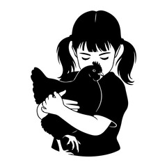Girl holding chicken embrace black and white