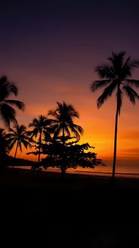 Vibrant Tropical Sunset: Palm Trees Swaying on a Serene Beach with Golden Hour Ocean Waves and Fiery Sky Gradient