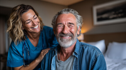 Portrait of smiling nurse assisting senior man in bed at nursing home