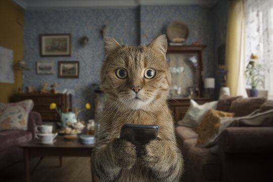 Anthropomorphic cat with phone gazes fearfully. Information visuals. Attention is won with bold images, quick stats, and minimal words. Graphs in media. Smart device input.