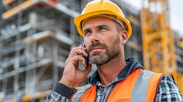 Close-up portrait of mature male engineer talking on smartphone at construction site