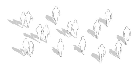 CAD Drawings. Outline Set of people walking , couple walking isolated on white background. standing. Top view. Vector illustration.