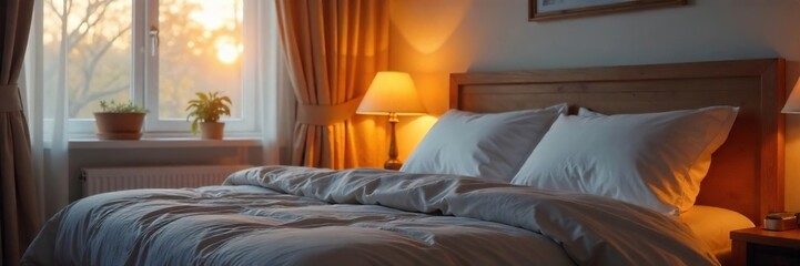 Peaceful Bedroom Scene Soft Warm Lighting Illuminates a Neatly Made Bed, Creating a Serene and Inviting Atmosphere Perfect for Interior Design and Sleep-Related Content.