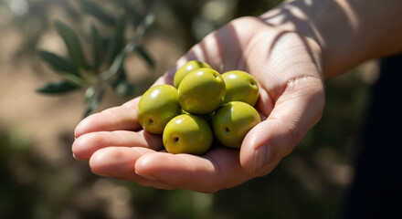 Olive In Hand Food Photography, Realistic Human Hand Holding Fresh Green Olive With Soft Natural Light And Blurred Orchard Background JPG
