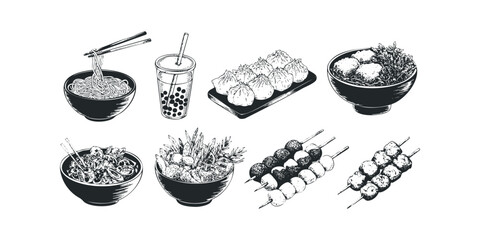 Collection of Asian street food items and drinks