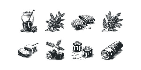 Eight hand-drawn food and drink sketches