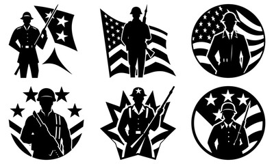 Naklejka premium Honor American Heroes with Patriotic Soldier Silhouettes, perfect for Veterans Day, Memorial Day designs, and celebrating military service and sacrifice