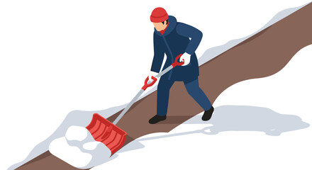 Fototapeta premium Person clearing snowy pathway with red shovel in winter scene