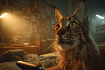 Cat's morning: phone in paws, fear in eyes. Intuitive data ui. Spatial control interface redefines how we manage digital information. Smart data panels. Fearful feline.